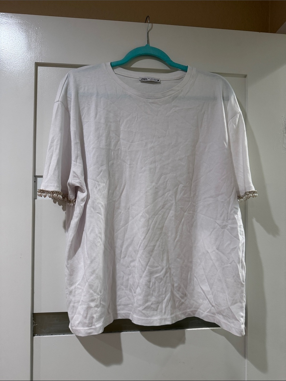 Zara White Short-Sleeve Tee with Beaded Sleeve Trim